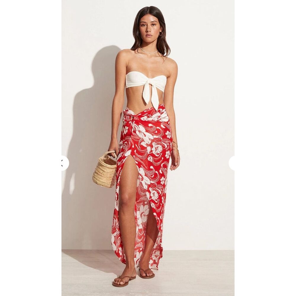 Faithfull the brand lulu size 4 red & white floral women’s zip back maxi skirt
